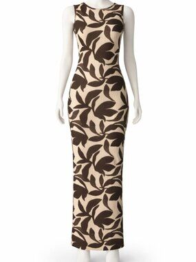 Sleeveless Beige Maxi Dress with Black Leaf Print